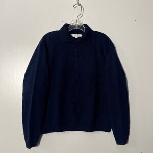Vintage 80s Perry Ellis Hand Knit 100%‎ Wool Navy Blue Collared Sweater Womans M